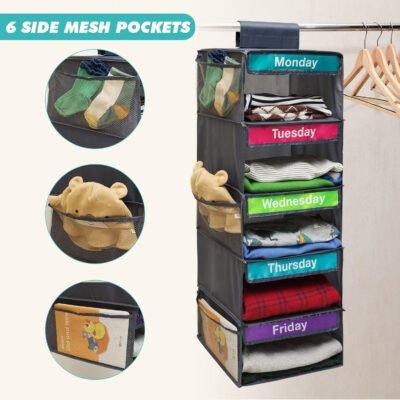 5-Shelf Weekly Days-of-the-Week Hanging Closet Organizer – Kids Clothes & Weekly Outfit Planner