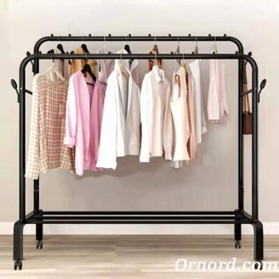 Double Pole Metal Double Rail Rolling Clothes Rack with Shelves