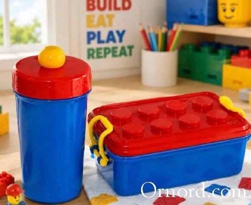 Kids Brick Theme Lunch Box Set with Matching Water Bottle – Red & Blue - Tm776