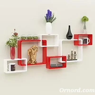 Modern Red & Black Interlocking Geometric Floating Wall Shelves