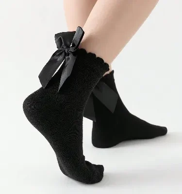 Ankle Socks with Satin Ribbon Bows & Scalloped Frill Trim. B543