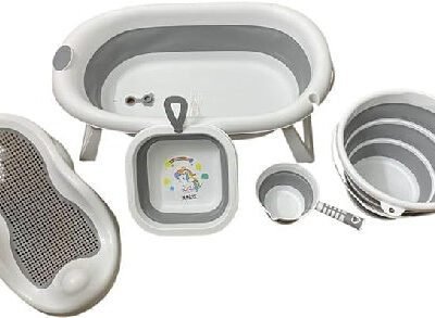 5-in-1 Collapsible Baby Bathtub Set with Newborn Cushion Support Seat, Rinse Cup & Foldable Buckets - Btc54