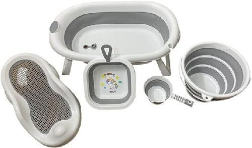 5-in-1 Collapsible Baby Bathtub Set with Newborn Cushion Support Seat, Rinse Cup & Foldable Buckets - Btc54
