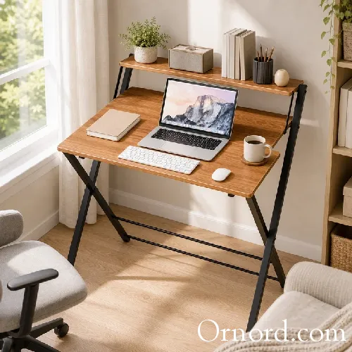 Compact Folding Computer Desk with Top Storage Shelf -Rh665